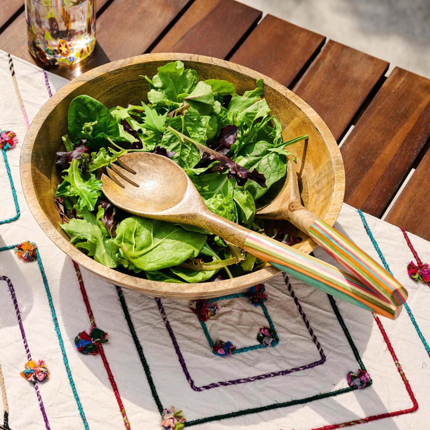 Striped Mango Wood Salad Bowl & Server Set