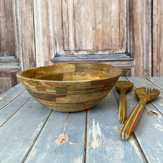 Striped Mango Wood Salad Bowl & Server Set