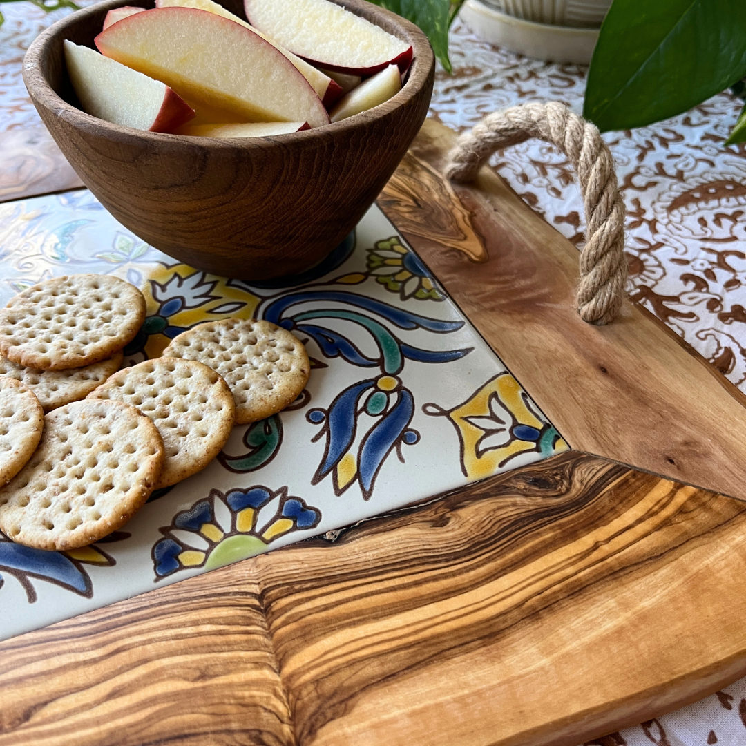 Olive Wood & Tile Tray with Rope Handles