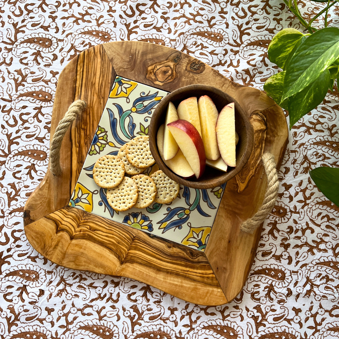 Olive Wood & Tile Tray with Rope Handles