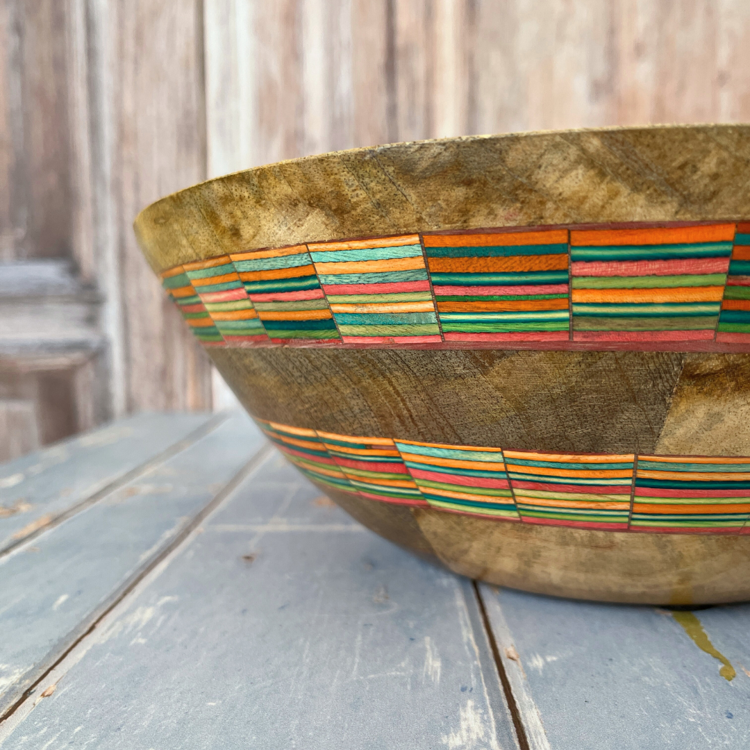 Striped Mango Wood Salad Bowl & Server Set