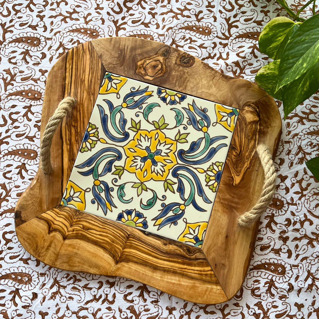 Olive Wood & Tile Tray with Rope Handles