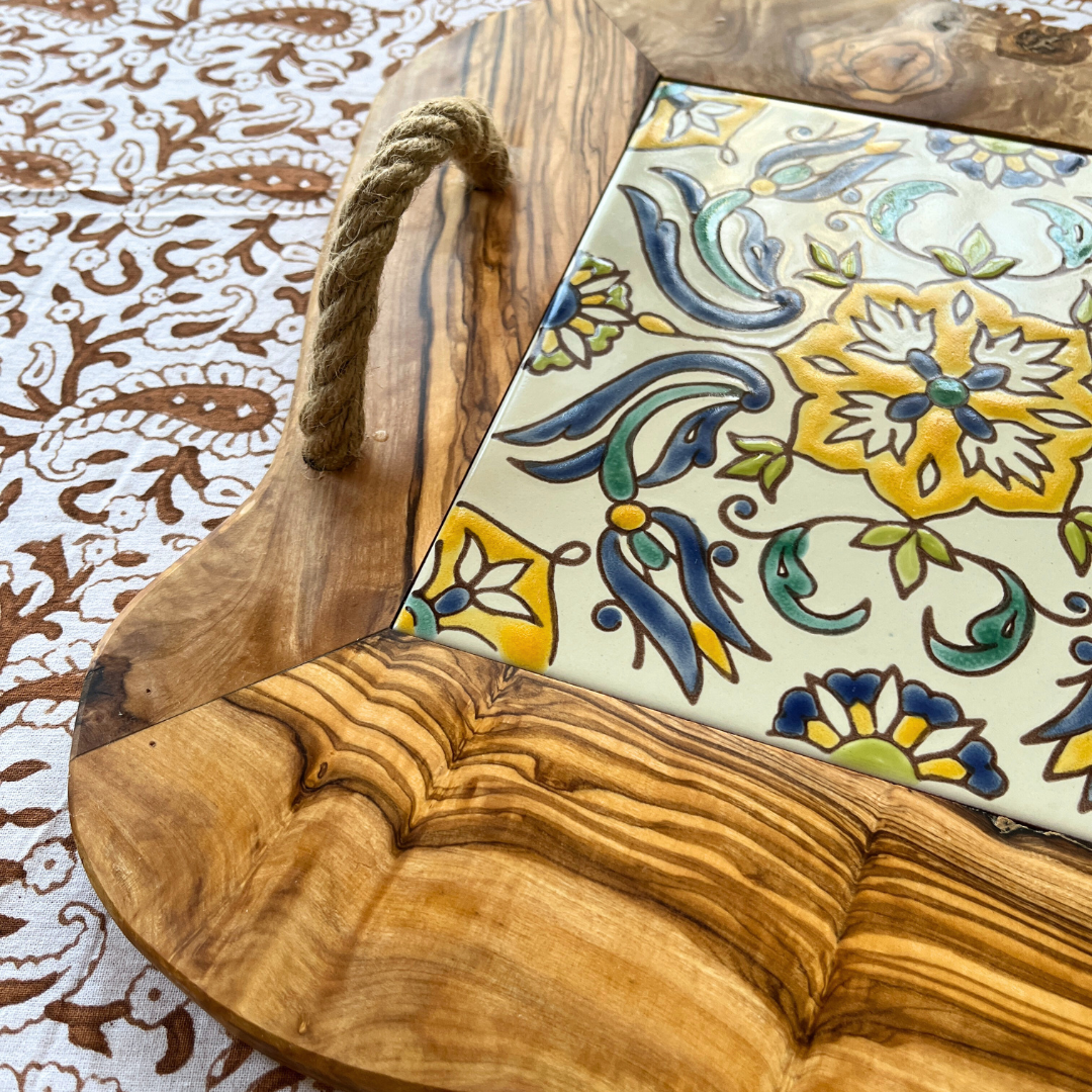 Olive Wood & Tile Tray with Rope Handles