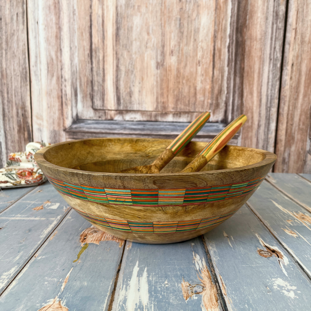 Striped Mango Wood Salad Bowl & Server Set