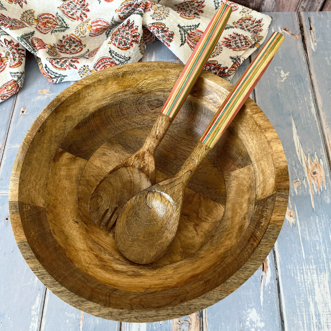 Striped Mango Wood Salad Bowl & Server Set