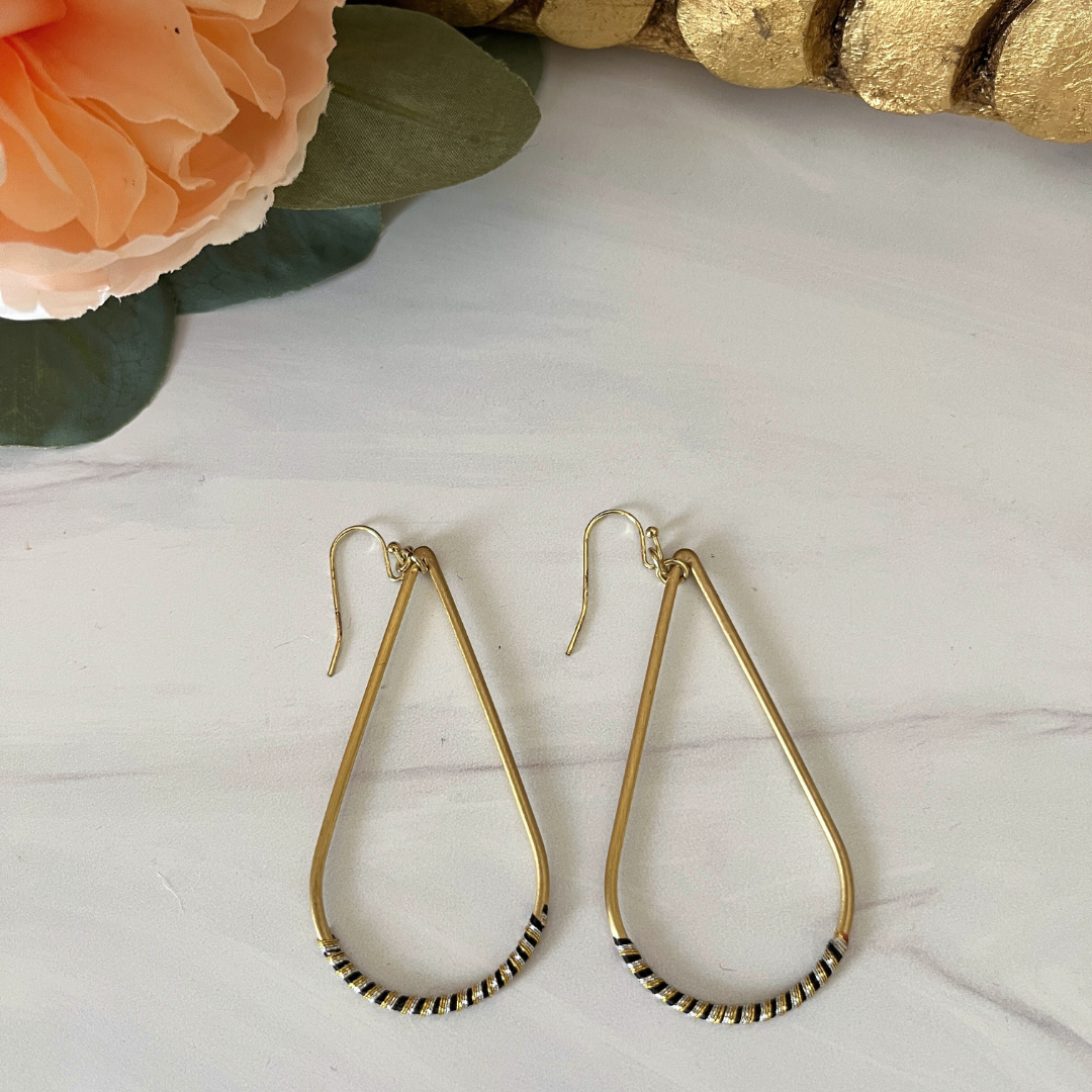 Wrapped Black and Gold Teardrop Earrings