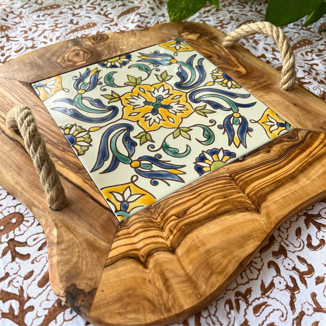 Olive Wood & Tile Tray with Rope Handles