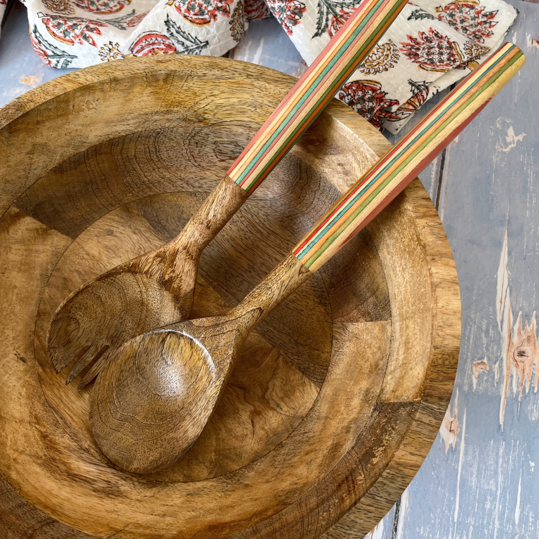 Striped Mango Wood Salad Bowl & Server Set