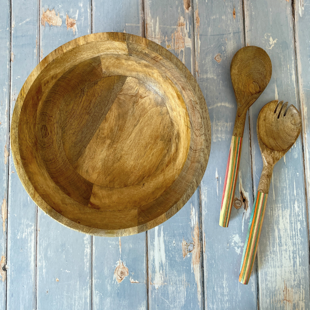 Striped Mango Wood Salad Bowl & Server Set