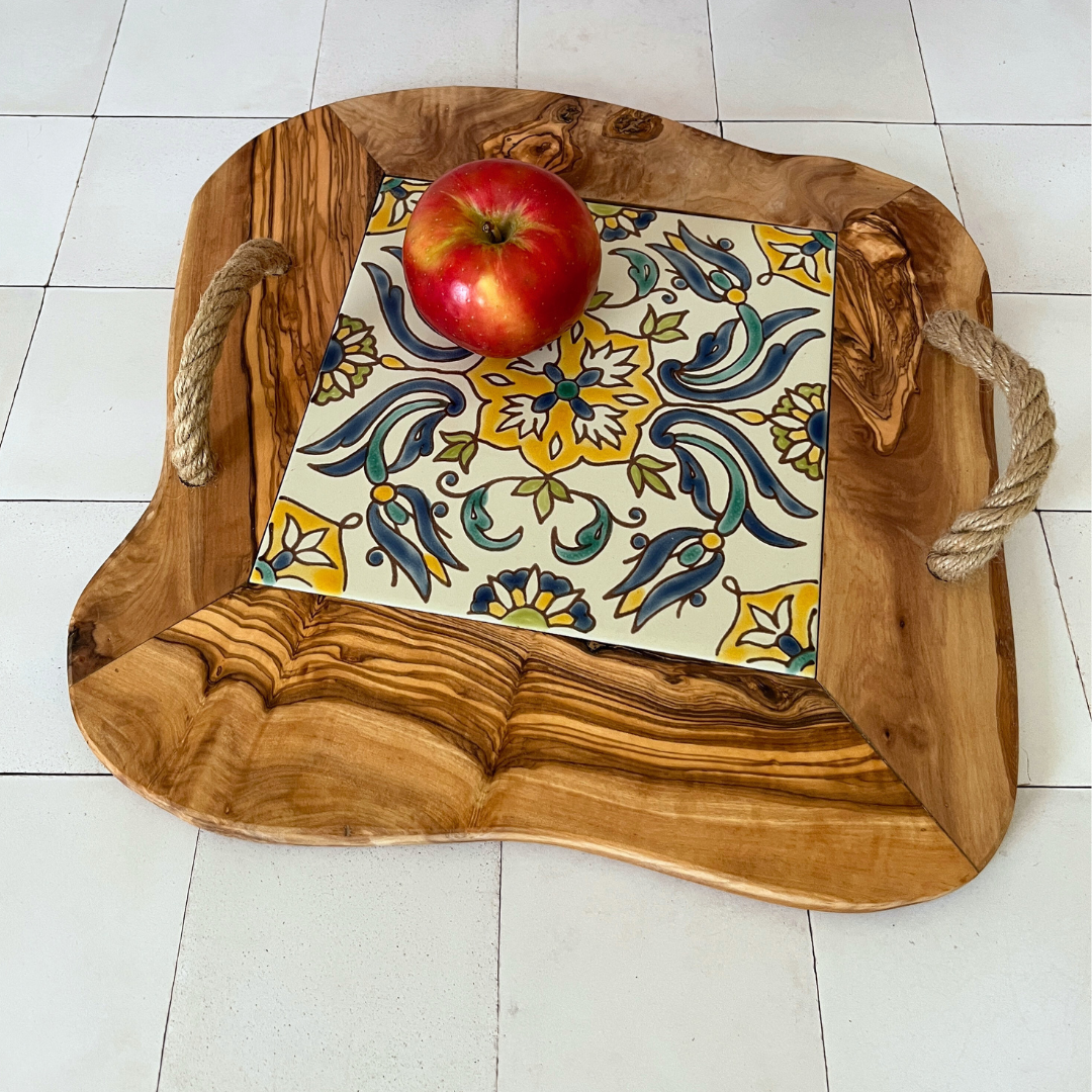 Olive Wood & Tile Tray with Rope Handles