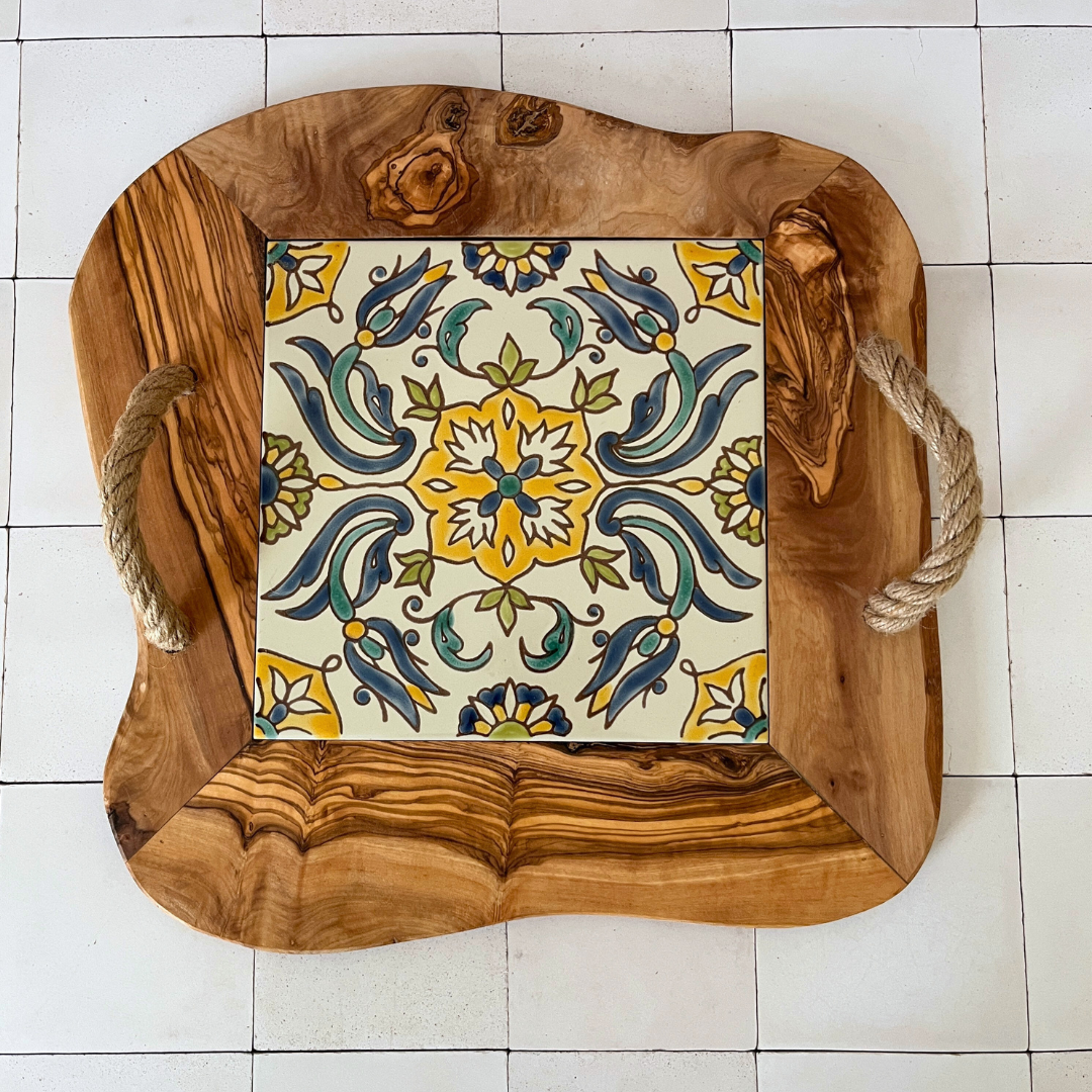 Olive Wood & Tile Tray with Rope Handles