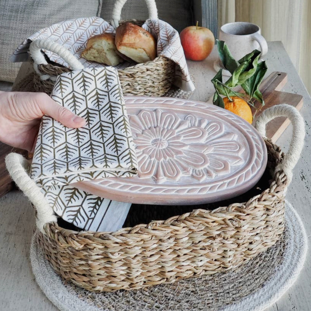Handmade Bread Warmer & Wicker Basket - Vintage Flower Oval