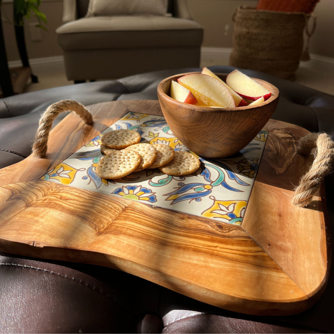 Olive Wood & Tile Tray with Rope Handles