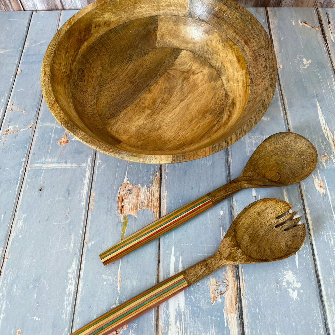 Striped Mango Wood Salad Bowl & Server Set