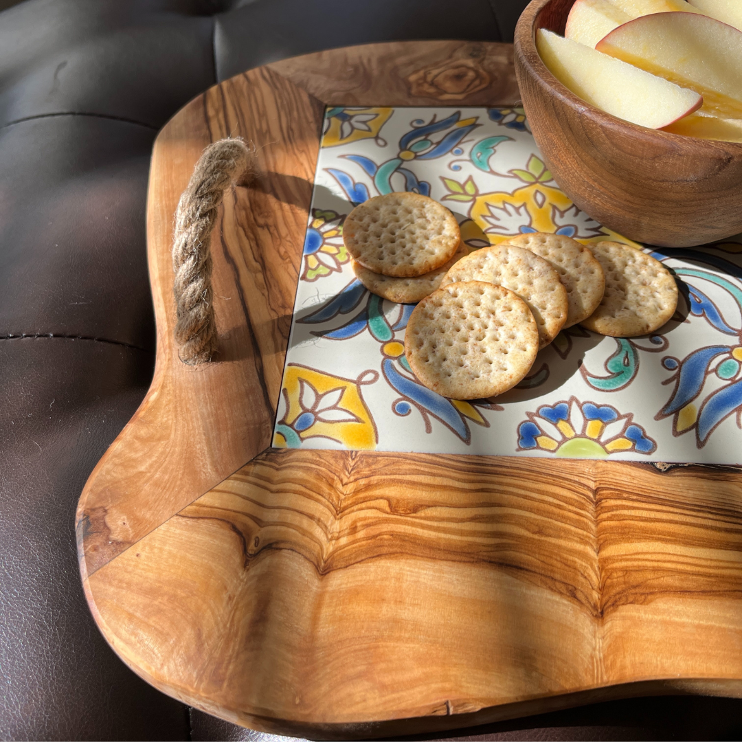 Olive Wood & Tile Tray with Rope Handles