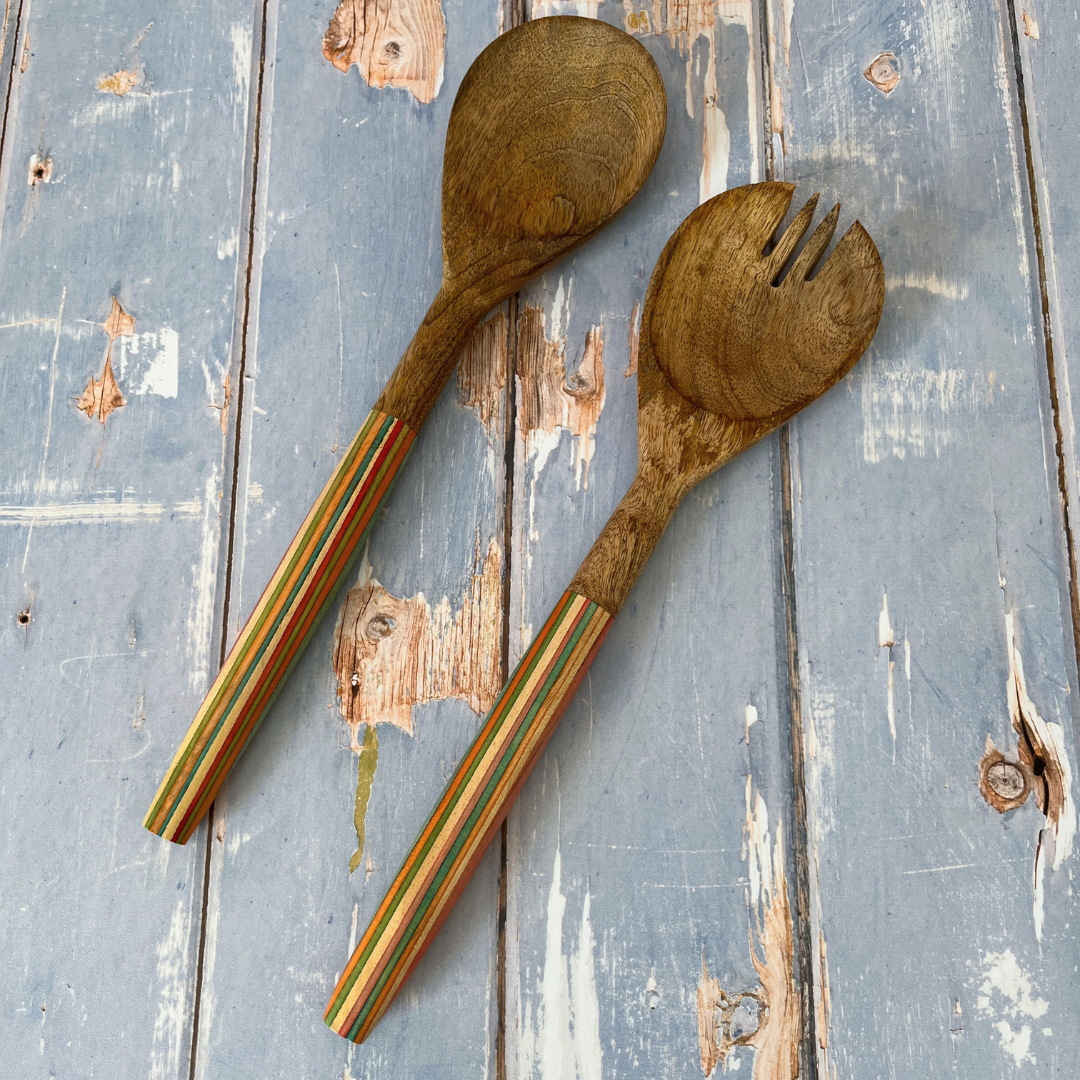 Striped Mango Wood Salad Bowl & Server Set