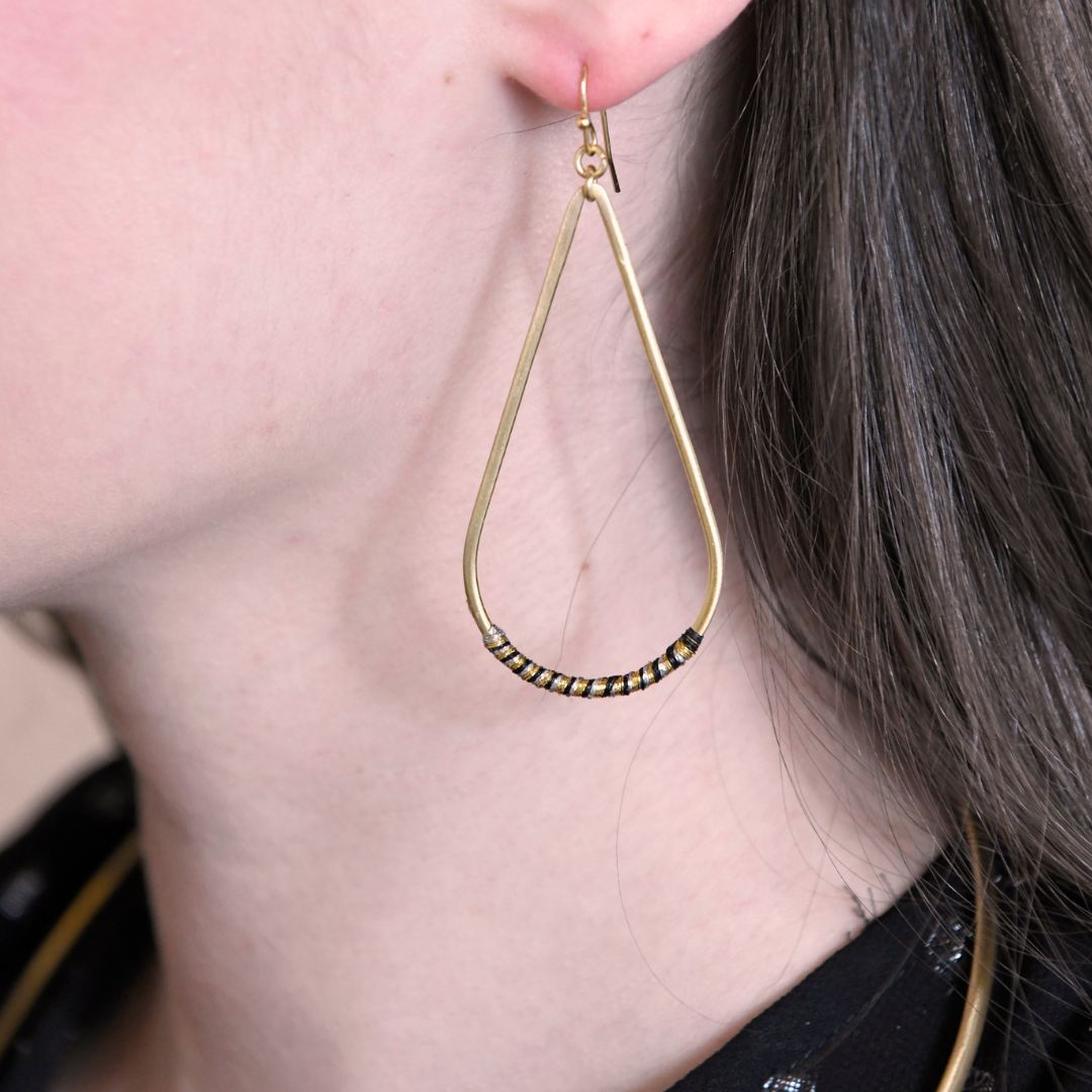 Wrapped Black and Gold Teardrop Earrings