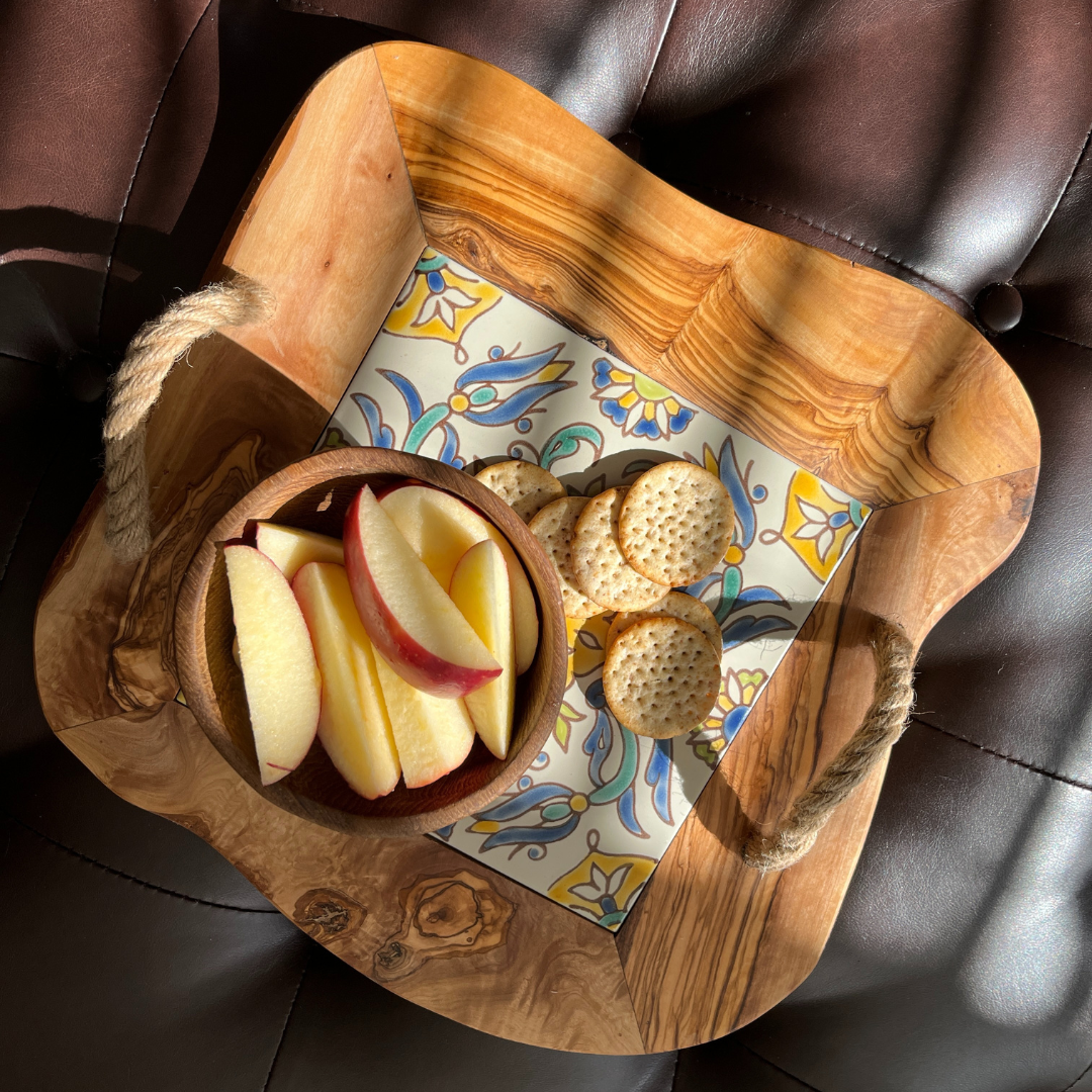 Olive Wood & Tile Tray with Rope Handles