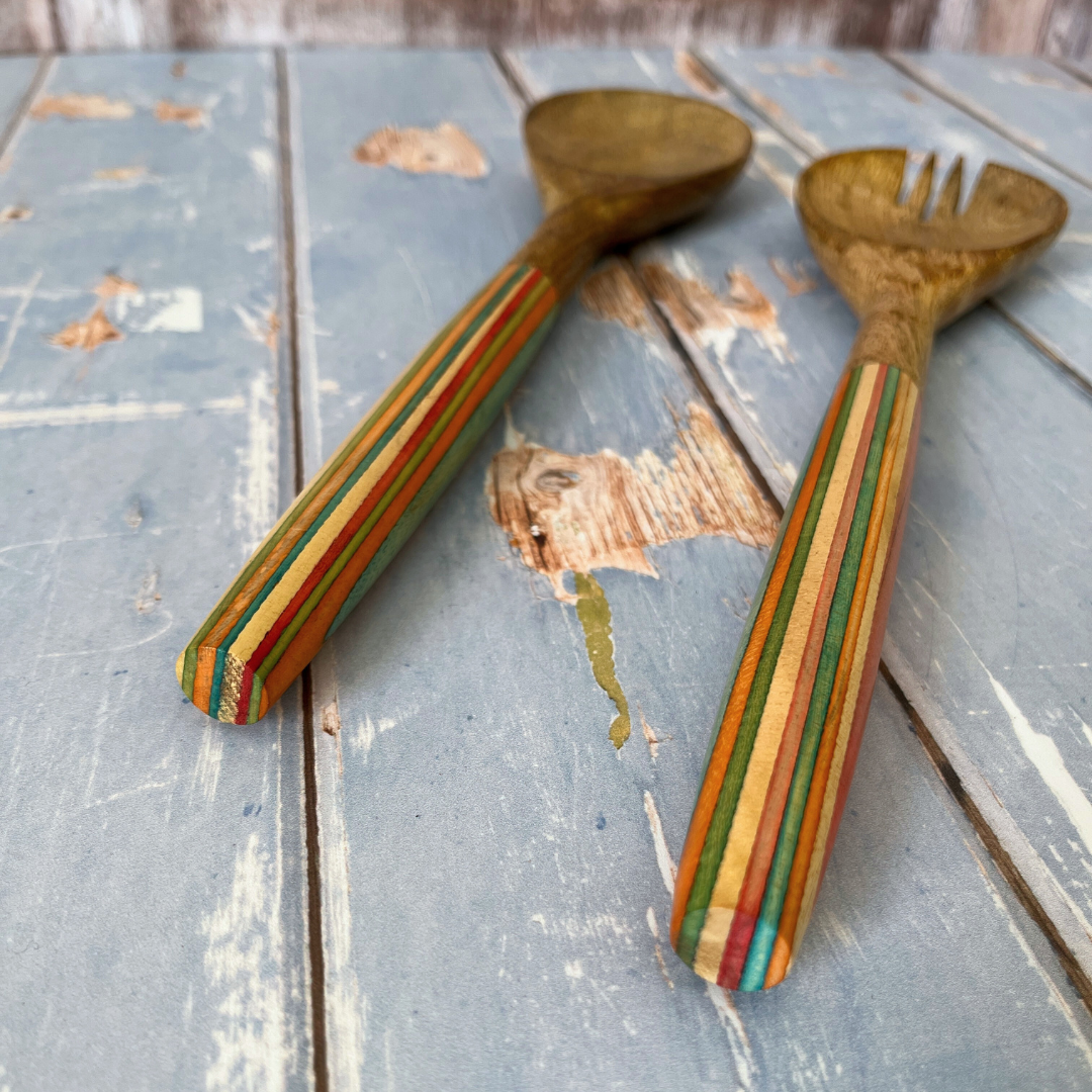 Striped Mango Wood Salad Bowl & Server Set