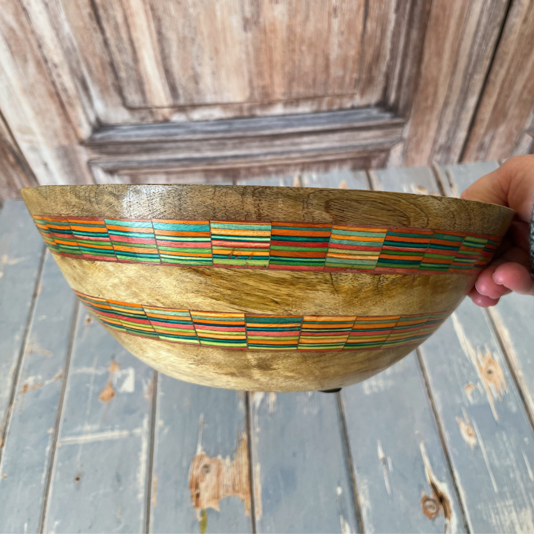 Striped Mango Wood Salad Bowl & Server Set