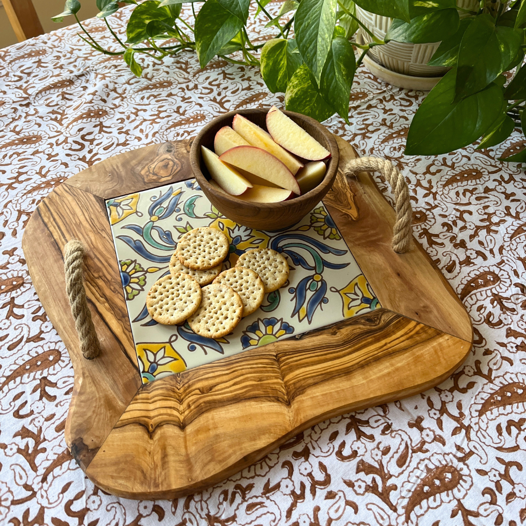 Olive Wood & Tile Tray with Rope Handles